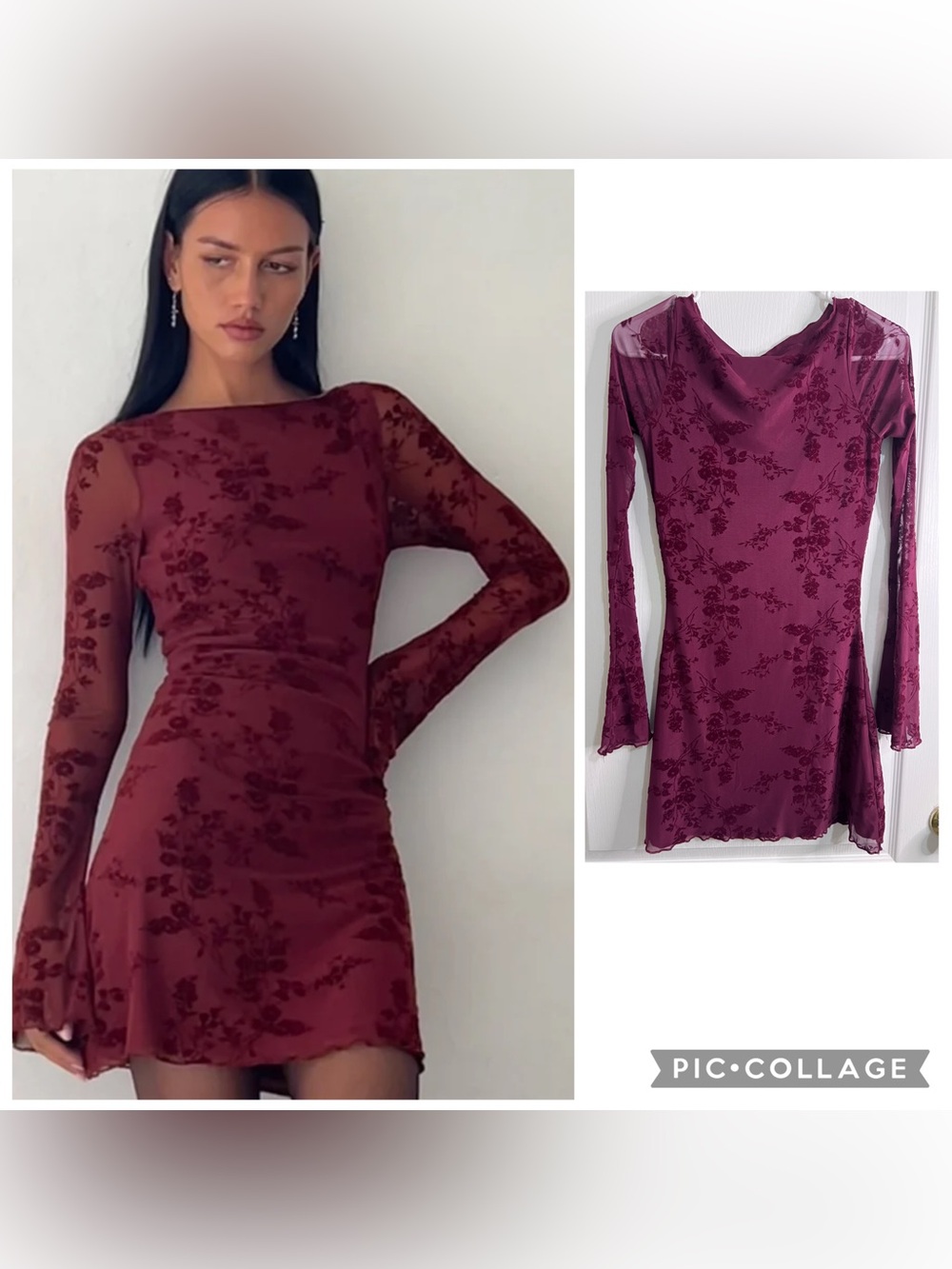 Motel Sevila Long Sleeve Mini Dress In Flocked Botanical Flower Maroon size S
